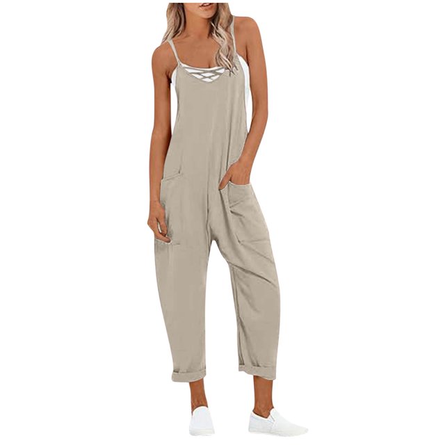 yoeyez Jumpsuits for Women Casual Summer,Ladies Solid Color Adjustable Straps Rompers Solid Color Adjustable Straps Overalls Jumpsuits With Pockets Khaki,XXL
