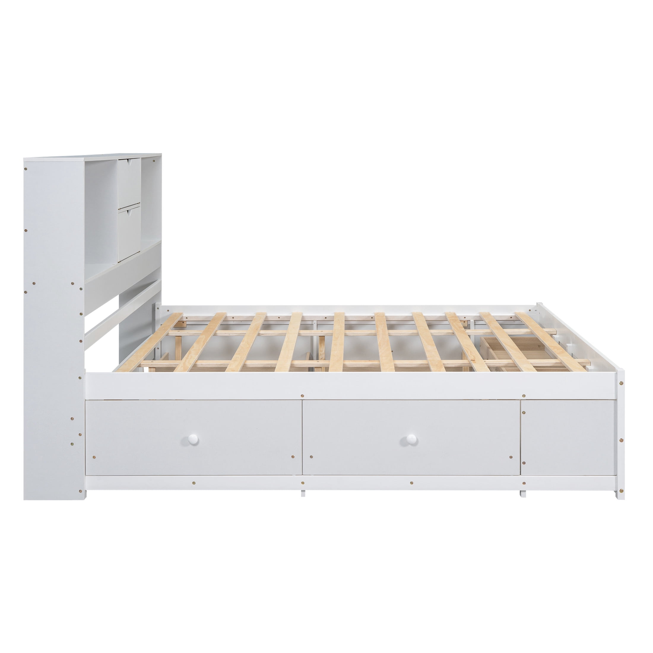 Noble House Solridge King Size Platform Bed with Bookcase Headboard and Storage Drawers, Solid Wood Frame, White