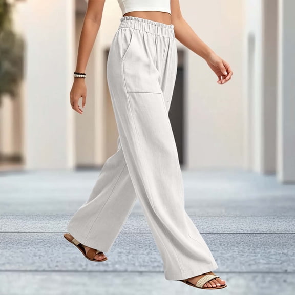 BRELIL Women's Wide Leg Elastic Waist Flowy Trousers with Pockets Casual Loose Long Pants Baggy Lounge Palazzo Pants for Fall Winter Outfits, White S