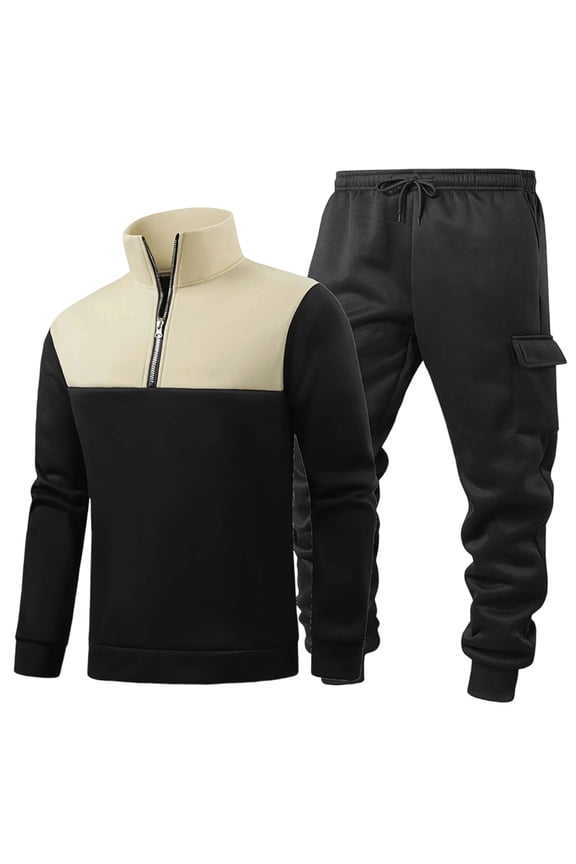 Mens Tracksuit 2 Piece Set Thermal Fuzzy Lining Quarter Zip Classic Fit Stand Collar Pullover Ankle-Tied Pants Winter Gear Insulated Classic Outfit