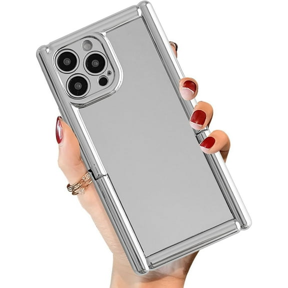 Compatible with iPhone 15 Case Luxury Plating Case with Kickstand Camera Lens Protector Slim Shockproof Cover for iPhone 15 Women Girls, Silver
