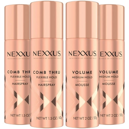 Nexxus Travel Hairspray and Mousse Bundle – Comb Thru Flexible Hold Hairspray (1.5 Oz) 2-Pack   Volume Medium Hold Mousse (2 Oz) 2-Pack, Anti-Humidity, Frizz Control, Rose Fragrance