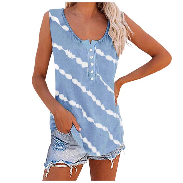 Pompotops Mode Femmes Décontracté Imprimé Pull Sans Manches T-Shirt Hauts Blouse Boutons