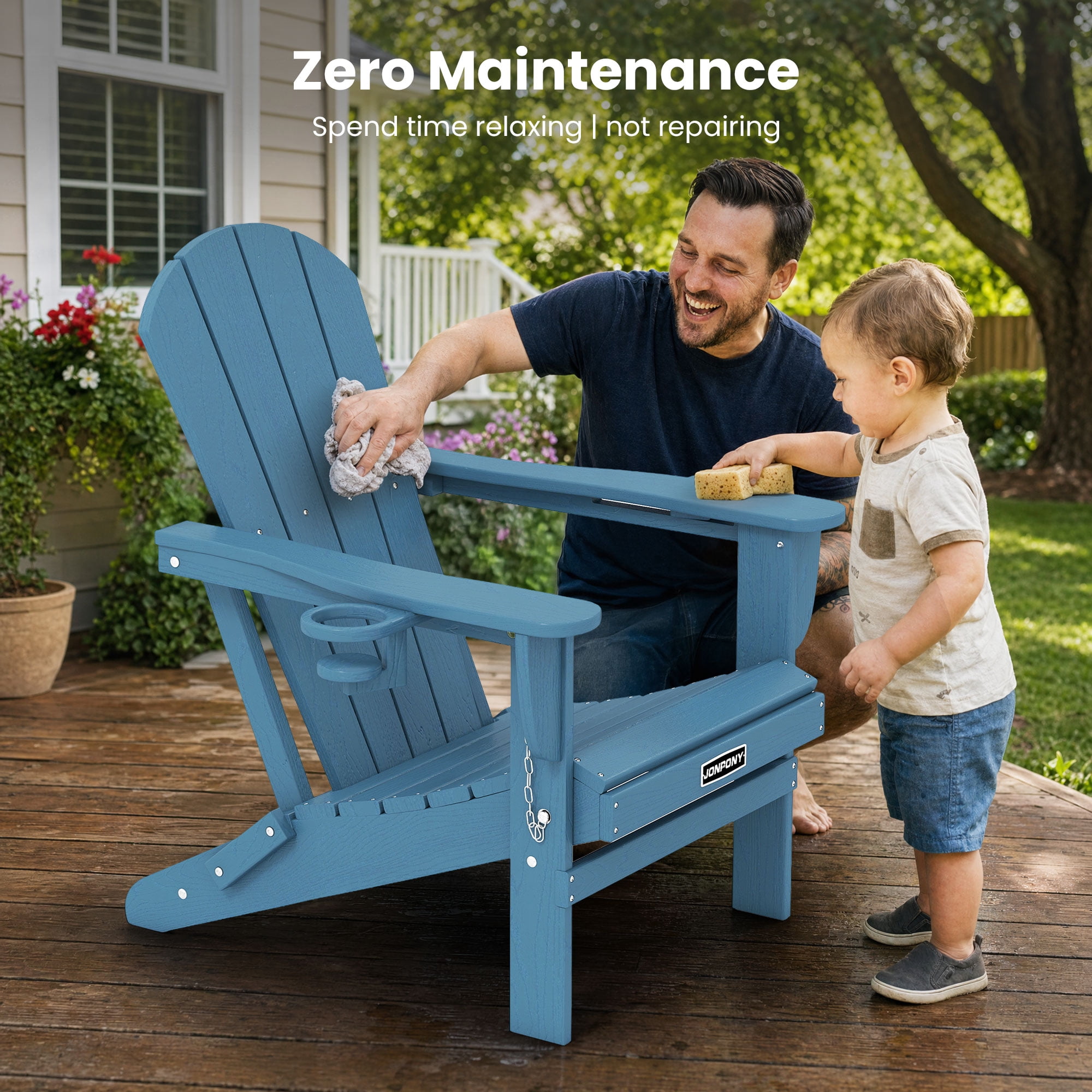 JONPONY Folding Adirondack Chair - HDPE All-Weather Outdoor Chairs, Patio Chairs Outdoor Wood Like Adirondack Chair for Backyard, Camping, Pool & Fire Pit,Blue