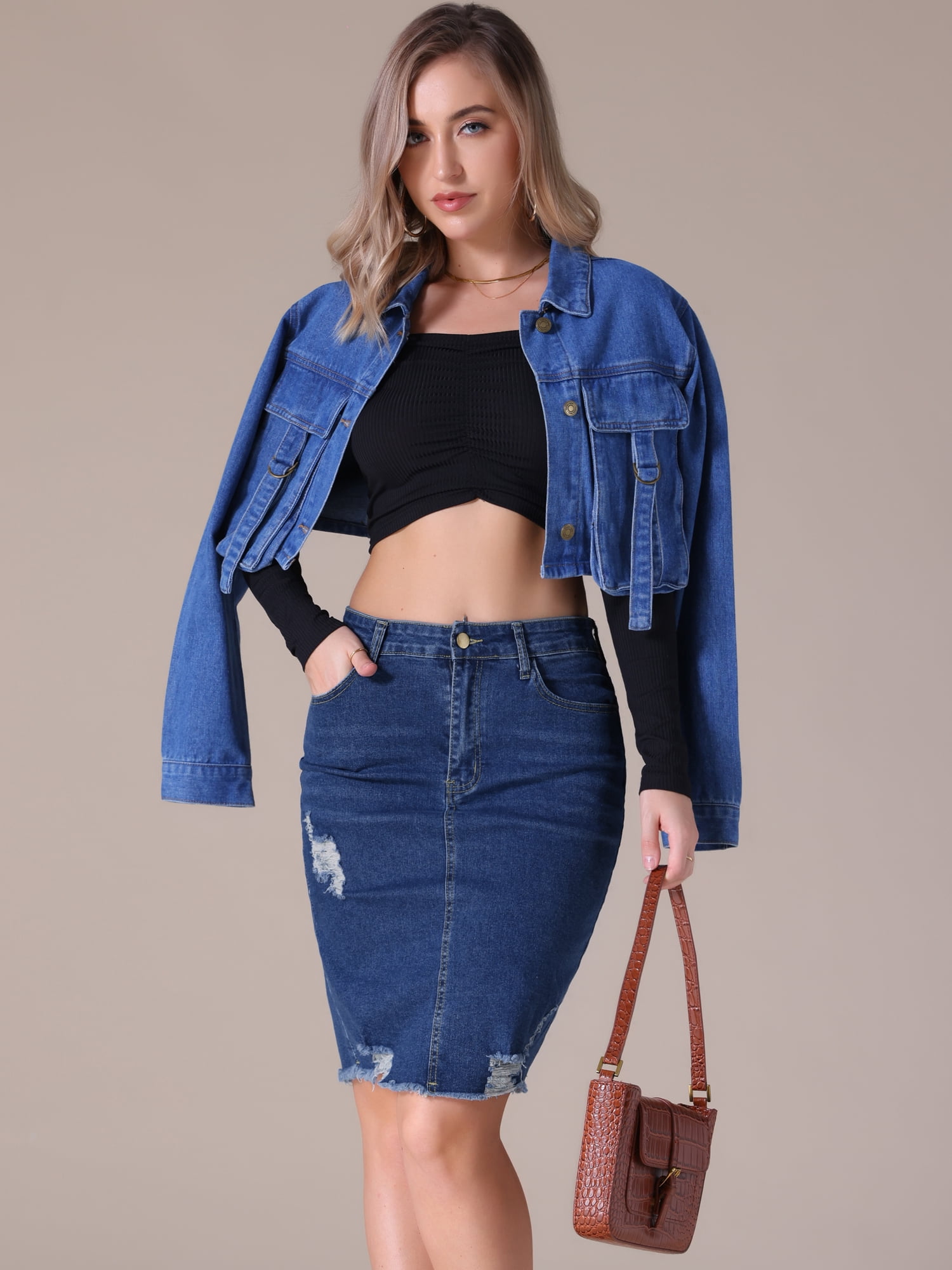 DARING DIVA Women's Denim Above the Knee Pencil Skirt 2XL Dark Blue