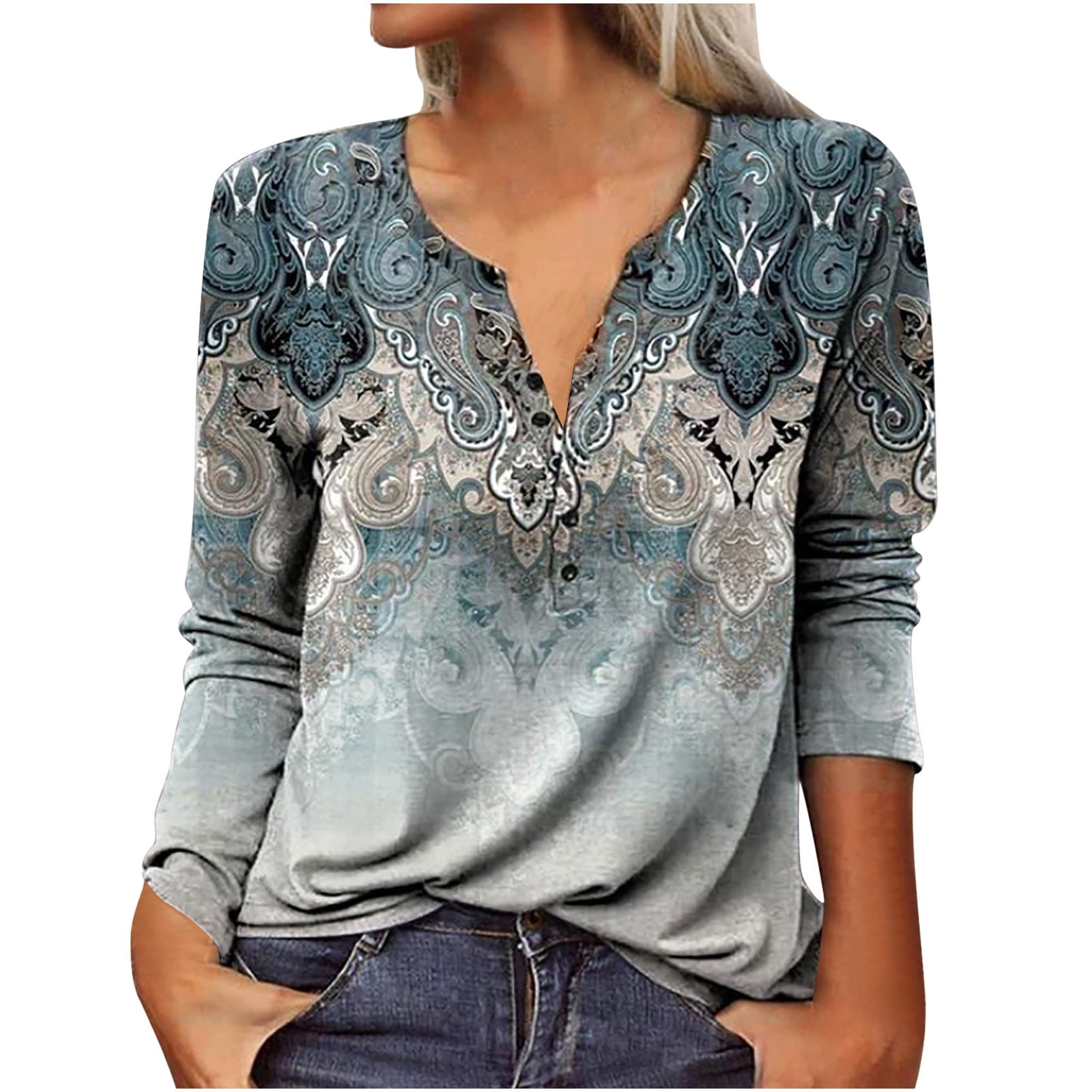 IROINID Deals Womens Plus Size Tops Lounge Printing Long Sleeve Buttons Slim Blouse T shirt Tops Blue