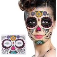 thumbnail image 3 of Tatuaje temporal de cara de calavera de Halloween, pegatinas de tatuaje de maquillaje de Halloween para fiesta de disfraces (floral, rosa roja, calavera negra y floral), 3 of 5