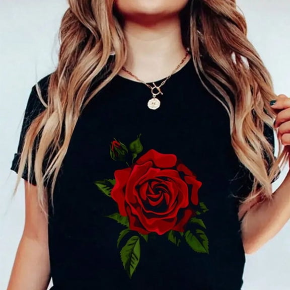 Single Red Roses Flower Of Cute Red Roses Flower Gardening T-S1Hirt Graphic Print, Round Neck, S1Hort eeves, Stretch Fabric, Summer Top