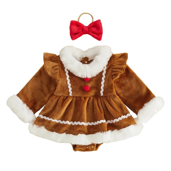 Emitonse Toddler Rompers Girl Toddler Jumpsuit Baby Girl Christmas Fuzzy Plush Skirted Romper Dress With Red Bow Headband Holiday Outfit Size 12-18 Months,Brown