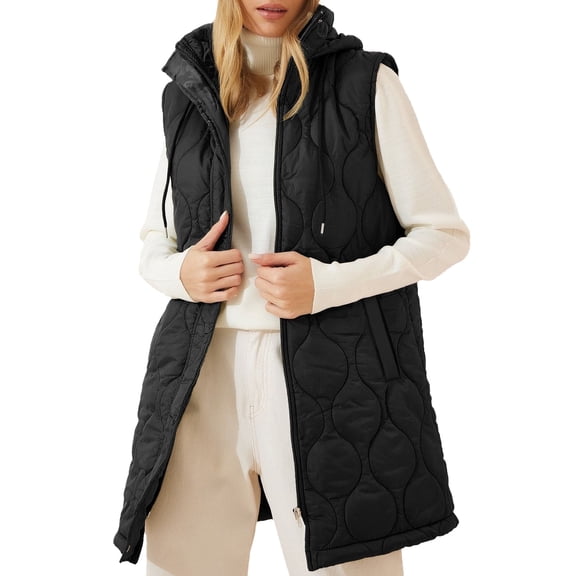 SHEWIN Womens Puffer Vest Full Zipper Hooded Long Quilted Jackets Sleeveless Winter Warm Coat Outerwear Color Block