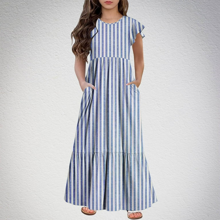 LNWUY Girls Fashion Striped Cotton Linen Midi Dress V Neck Elastic Waist A  Line Dress Casual Flowy Ruffle Dresses with Pockets Blue 140 - Walmart.com