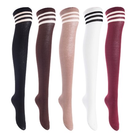 Lian LifeStyle Women's 5 Pairs Adorable Comfortable Soft Thigh High Over Knee High Cotton Socks, Size 6-9, JMYP1022 (Black, Coffee, Khaki, White, Wine)