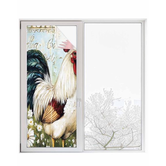 Window Privacy Film White Vintage Rooster Stained Glass Window Film Decorative Sun Block Window Cover Spring Floral Pastoral Animals Window Clings Static Adhesive Sticker for Bathroom 23.6"x59"