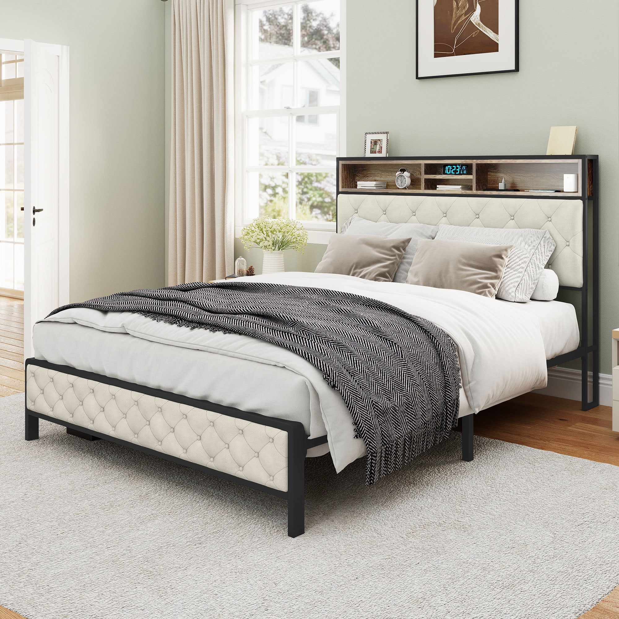 DEXTRUS Industrial Retro Style Queen Modern Linen Bed Frame with Headboard