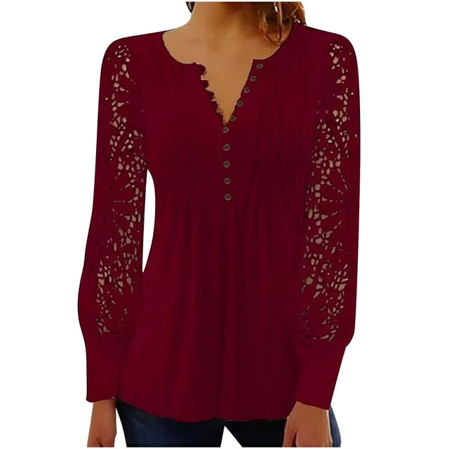 Birdeem Womens Summer Solid Color V-Neck Button Top Temperament Slim Fit Lace Long Sleeve Lapel Shirt