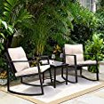 thumbnail image 3 of Greesum 3 Pieces Rocking Wicker Bistro Set, Patio Outdoor Furniture Conversation Sets with Porch Chairs and Glass Coffee Table, Beige, 3 of 3