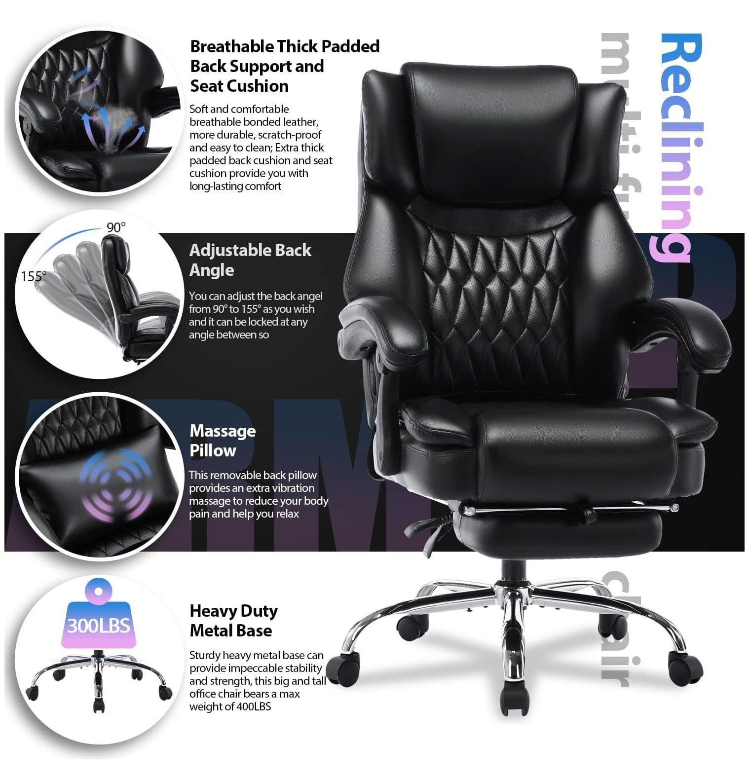 Executive Office Chair with Angle Recline Locking System and