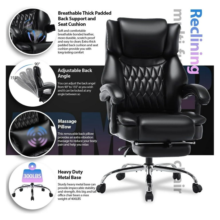 Office Chair with Footrest-Ergonomic Computer Chair with Extra Lumbar  Support Pillow, High Back Executive Desk Chair Thick Bonded Leather, Large  Home