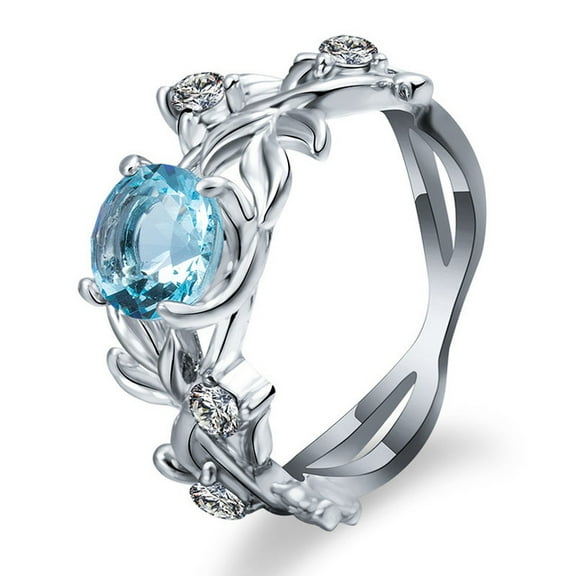 Women Aquamarine Zircon Hollowed Out Flowers Silver Gemstones Ring