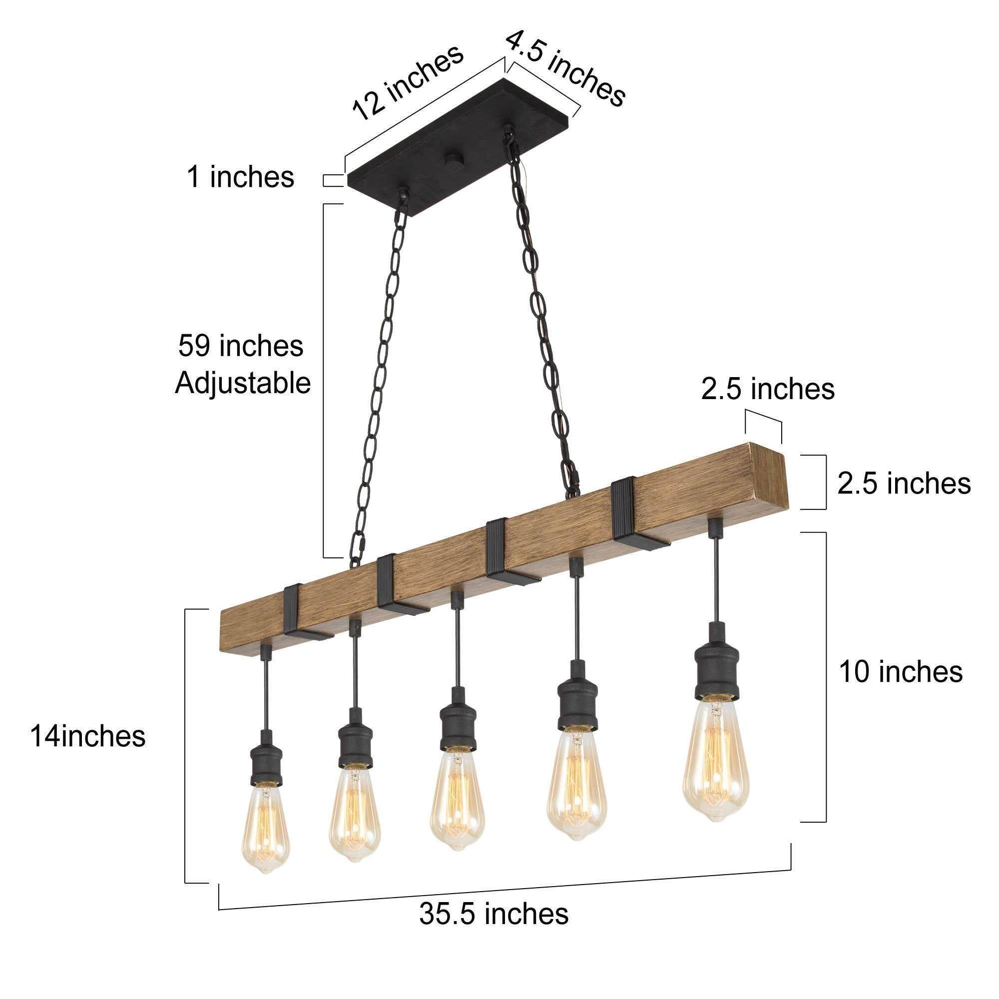 LNC 5-Light Brown Wood and Black Bare Bulb LED Farmhouse Linear Chandelier