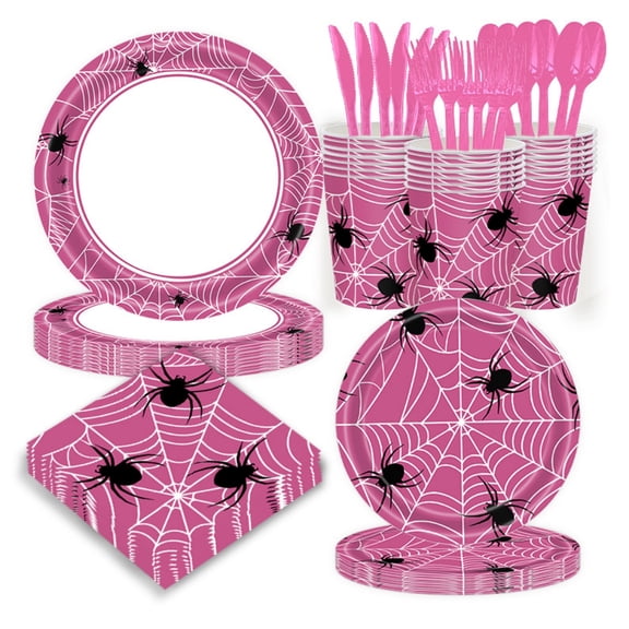 Pink Spider Web Halloween Disposable Tableware Serves 24, Girl Spooky Party Supplies Plates Napkins Cups and Pink Cutlery.