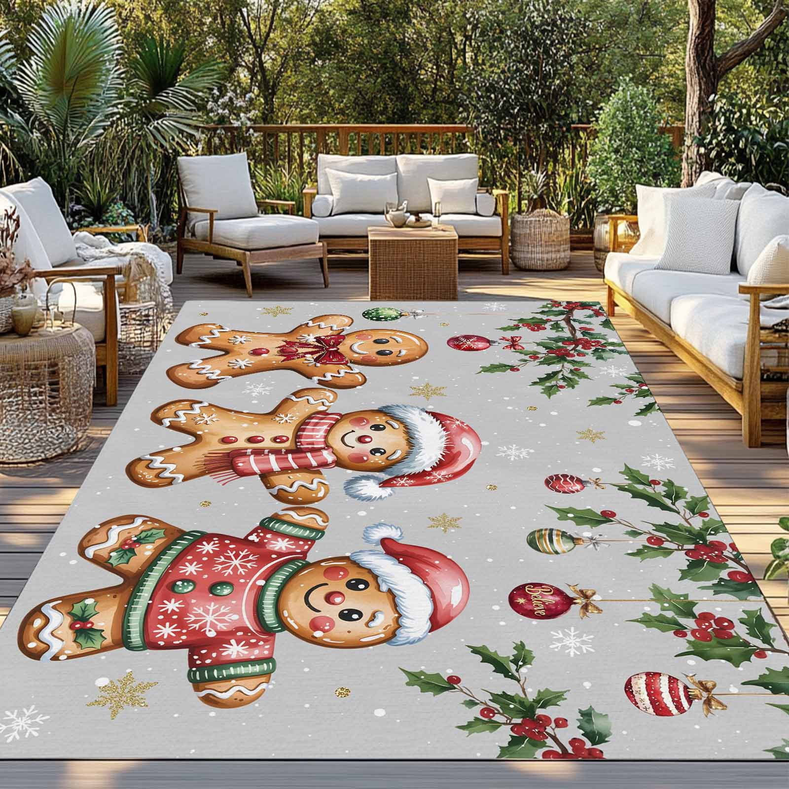 Fsddascl Grey Christmas Gingerbread Outdoor Rug for Patio/Deck/Porch, Non-Slip Large Area Rug 4 x 6 Ft, Xmas Balls Snowflake Indoor Outdoor Rugs Washable Area Rugs, Camping Rug Carpet Runner