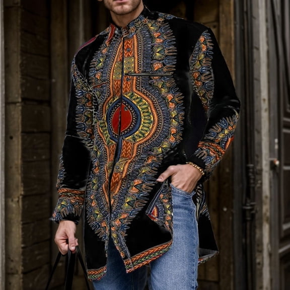Men's African Dashiki Long Sleeve Ethnic Button Down Shirt Black XXL