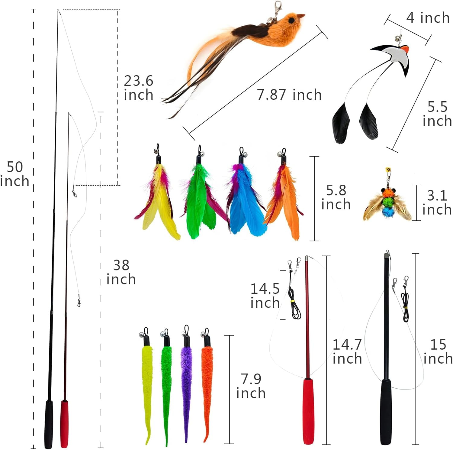 Interactive Cat Wand Toy Set – 2 Retractable Wands (37" & 49") with 11 Refills Attachments – Feather Toys, Plush Bird, Worms, Insect & Swallow – Cat Teaser Toys for Indoor Cats & Kittens