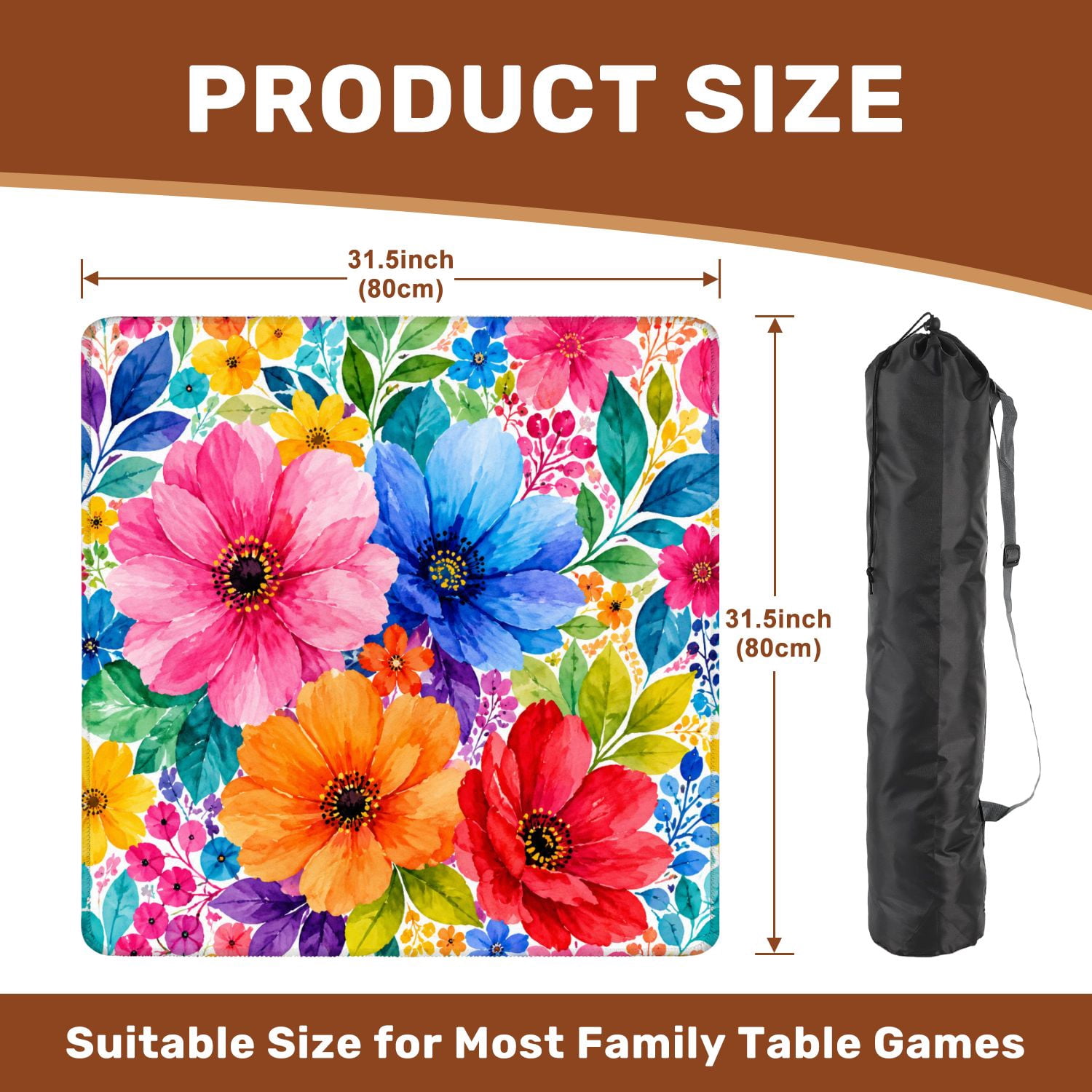 Mahjong Mat 31.5" x 31.5" Vibrant Floral Pink Blue Green Flowers Non-Slip Noise Reduction Mahjong Tiles Table Cover for Dominoes Poker Card Board and Tile Games