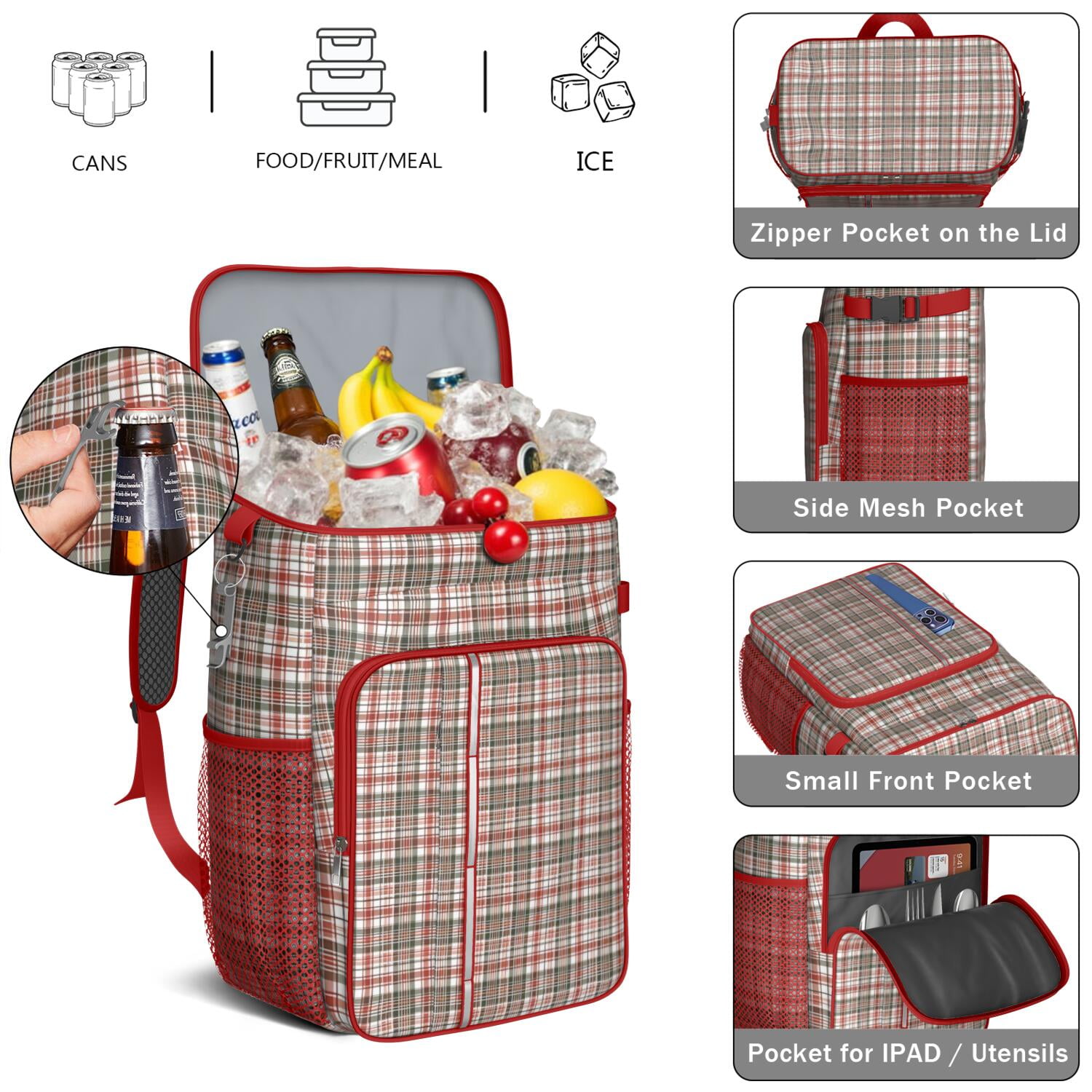 Travel Cooler Bag - Red and Green Christmas Plaid Pattern Camping Beer Cooler Backpack with Bottle Opener- Waterproof Insulated Picnic Backpacks - Cooler Bag for Beach
