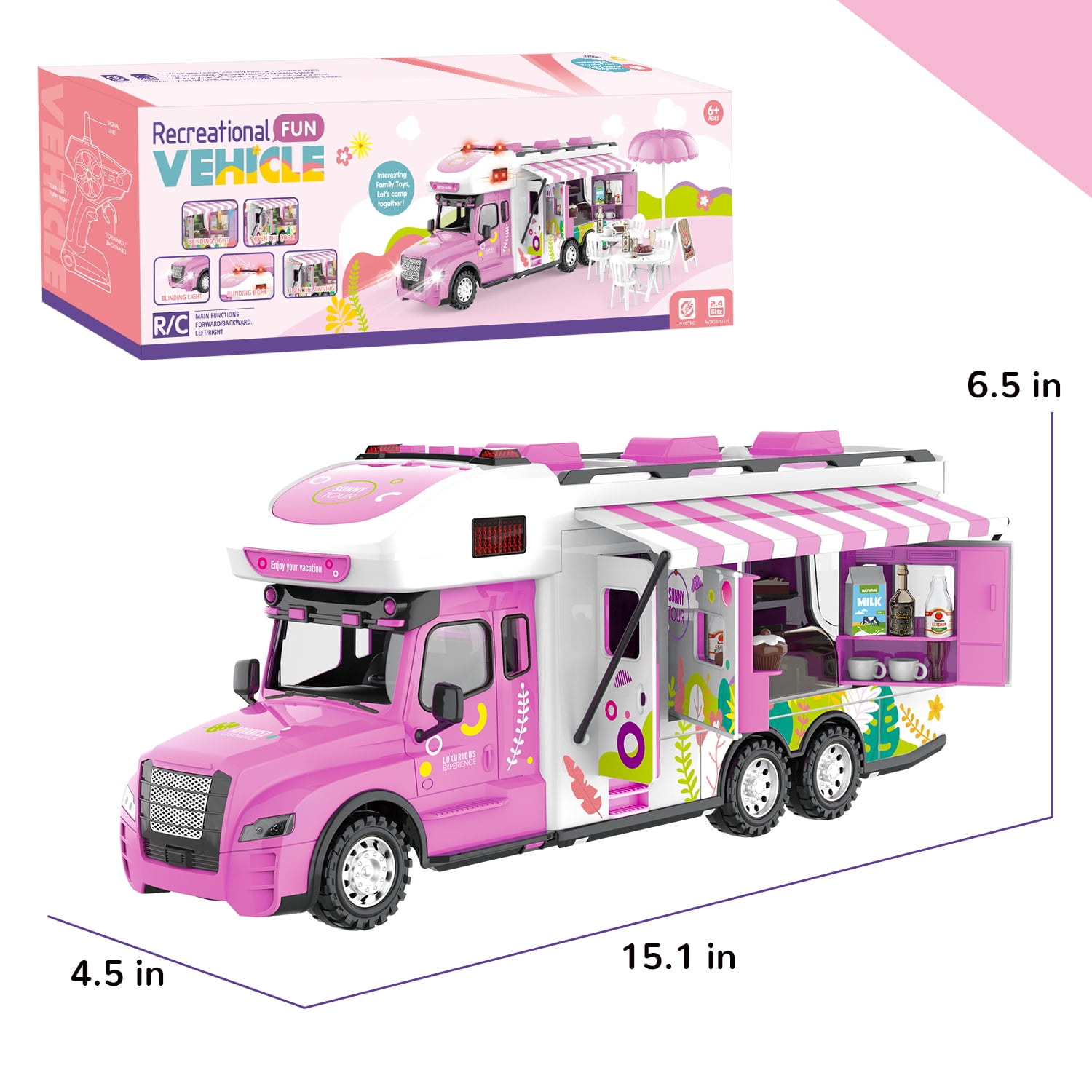 Remote Control Car, RC Camper Car Toy with Light & Sound Camping Equipment Set, Pretend Play RV Set Dollhouse Vehicle Birthday Gifts for 3-8 Year Girls