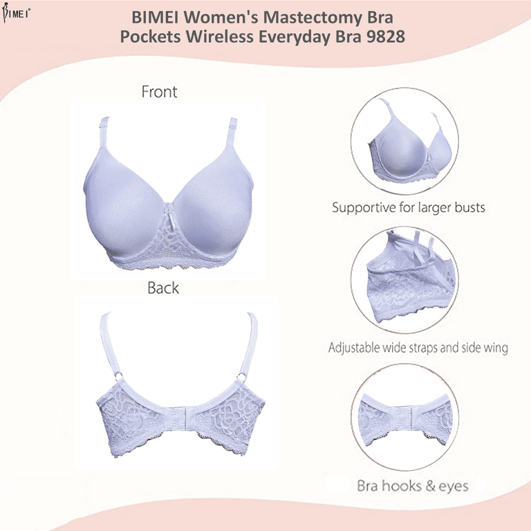 BIMEI Women's Mastectomy Bra Pockets Seamless Molded Bra Lace Contour  Post-Surgery Invisible Pockets for Breast Forms Everyday Bra 9828,White, 44A