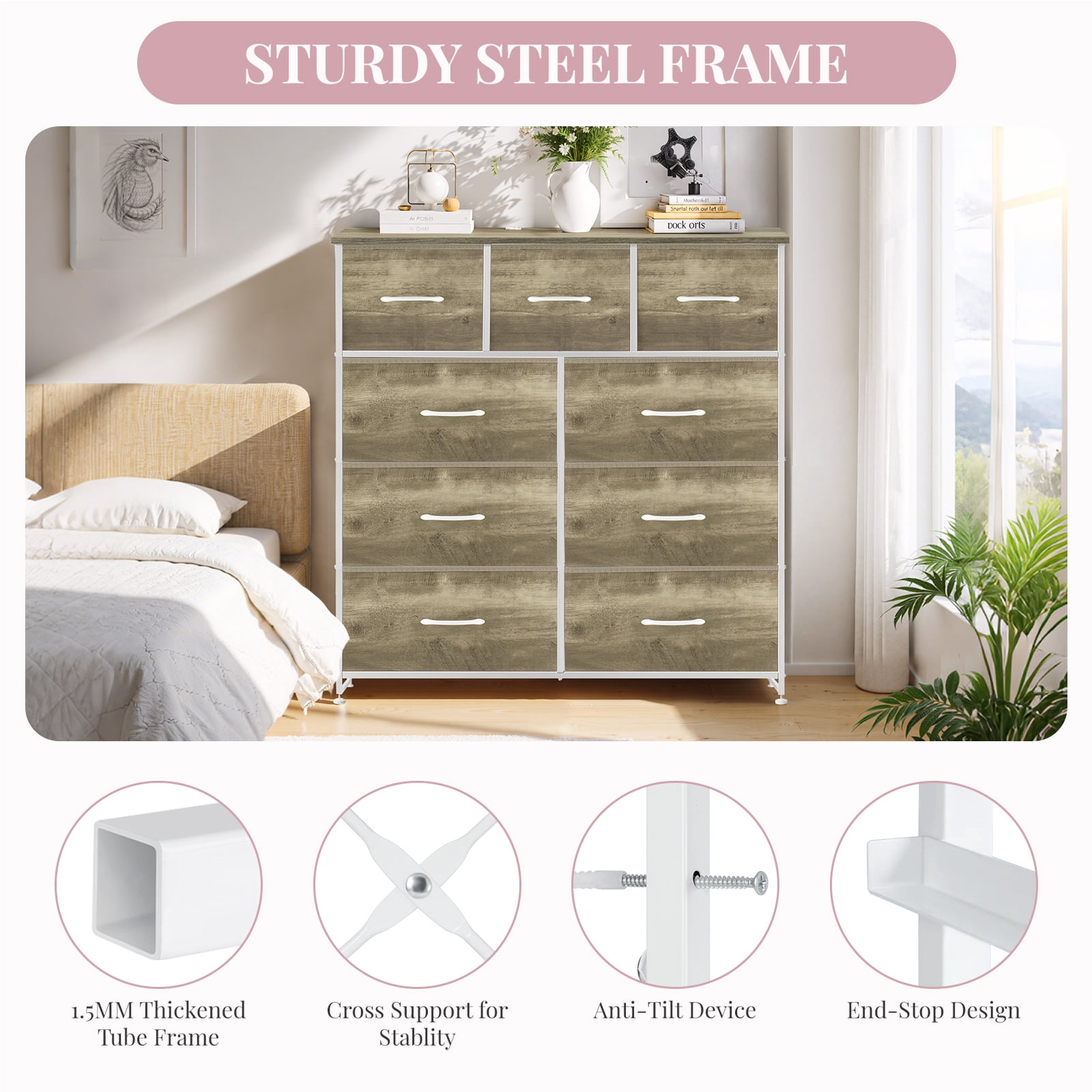 Dresser, Betcozy Storage Organizer with 9 Drawers for Bedroom, Chest of Drawer with Sturdy Metal Frame, Wood Top for Closet, Nursery,Smoked ash