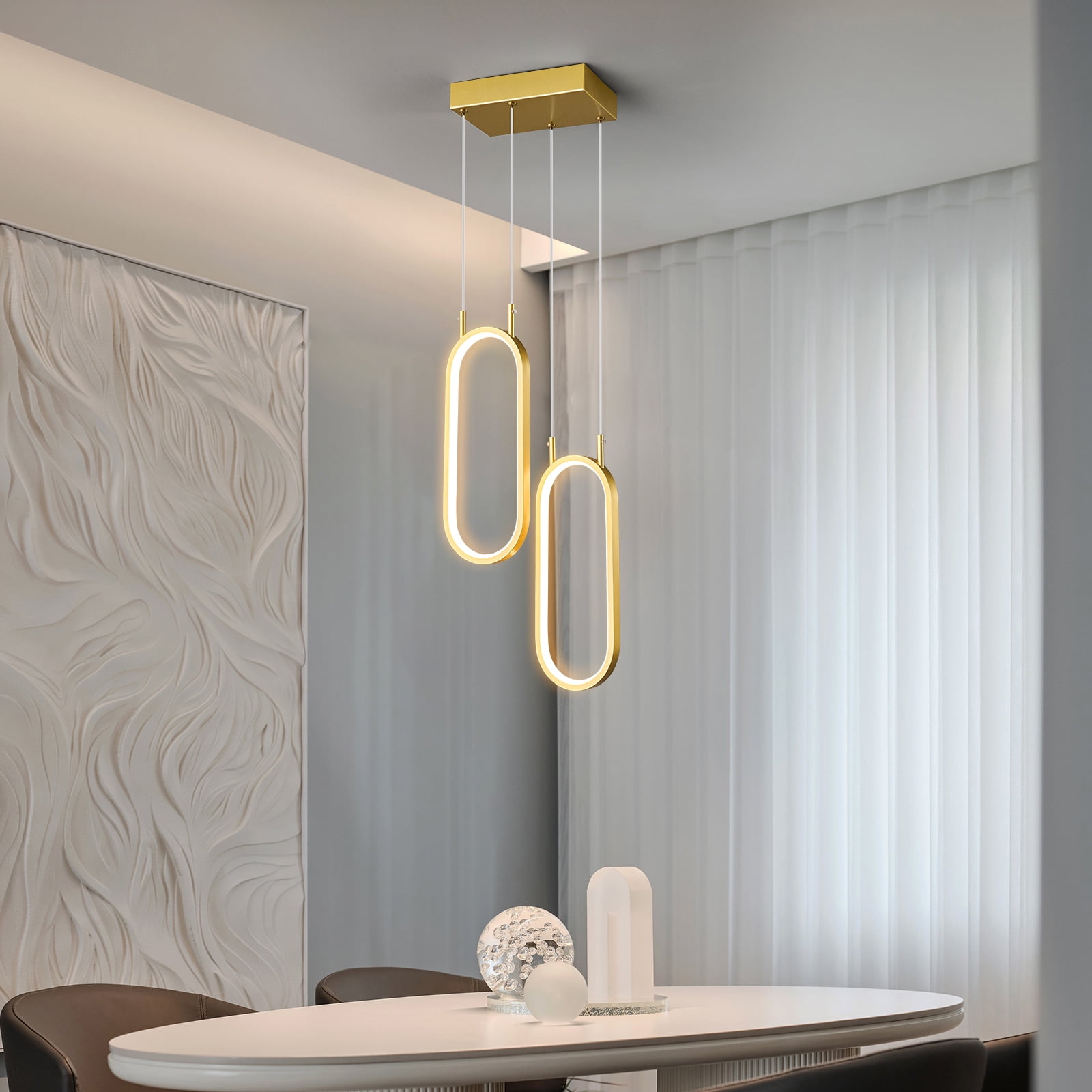 Gold Kitchen Pendant Light LED Oval Chandelier 2 Rings Pendant Light Fixture for Kitchen Island Dining Room Living Room Bedroom