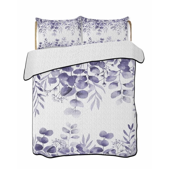 Quilts King Size, Purple Eucalyptus Soft Comforter Bedding Set for Bed, Spring Summer Farmhouse Leaves Watercolor Lightweight Quilted Bedspread with Pillow Cover(2 Pieces) for All Season, 96x106 Inch