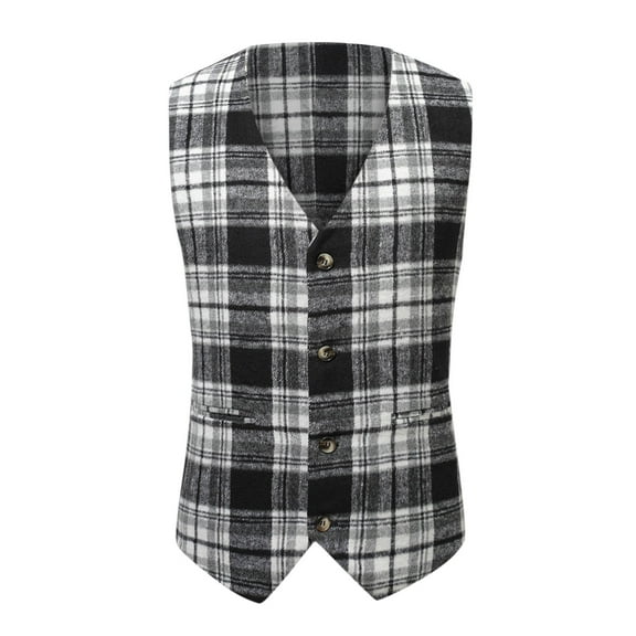 IROINNID Men's Sleeveless V-Neck Short Button Vest Plaid Comfy Lattice Pocket Single-breasted Slim Fit Vest Suit Business Waistcoat