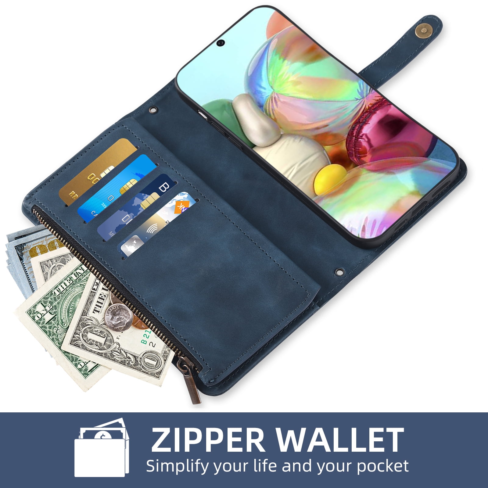 Asuwish Phone Case for Samsung Galaxy A71 4G Wallet Cover With Tempered Glass Screen Protector Crossbody Wrist Strap Flip Pattern Zipper Credit Card Holder Stand Cell A 71 71A S71 A715F Women Blue