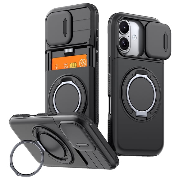 TECH CIRCLE for iPhone 11 Case,Shockproof TPU PC Ring Holder 360° Rotated Kickstand Case with Card Holder Slot Slide Lens Cover,Black