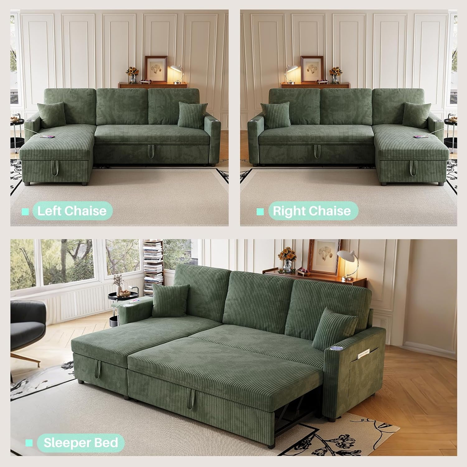 LLappuil Sectional Sofa, 84" Sectional Couch with Storage Chaise, Small Desktop, Cup Holders, Charging Port Convertible Sofa Bed, Corduroy Pull Out Sofa Bed for Living Room Green