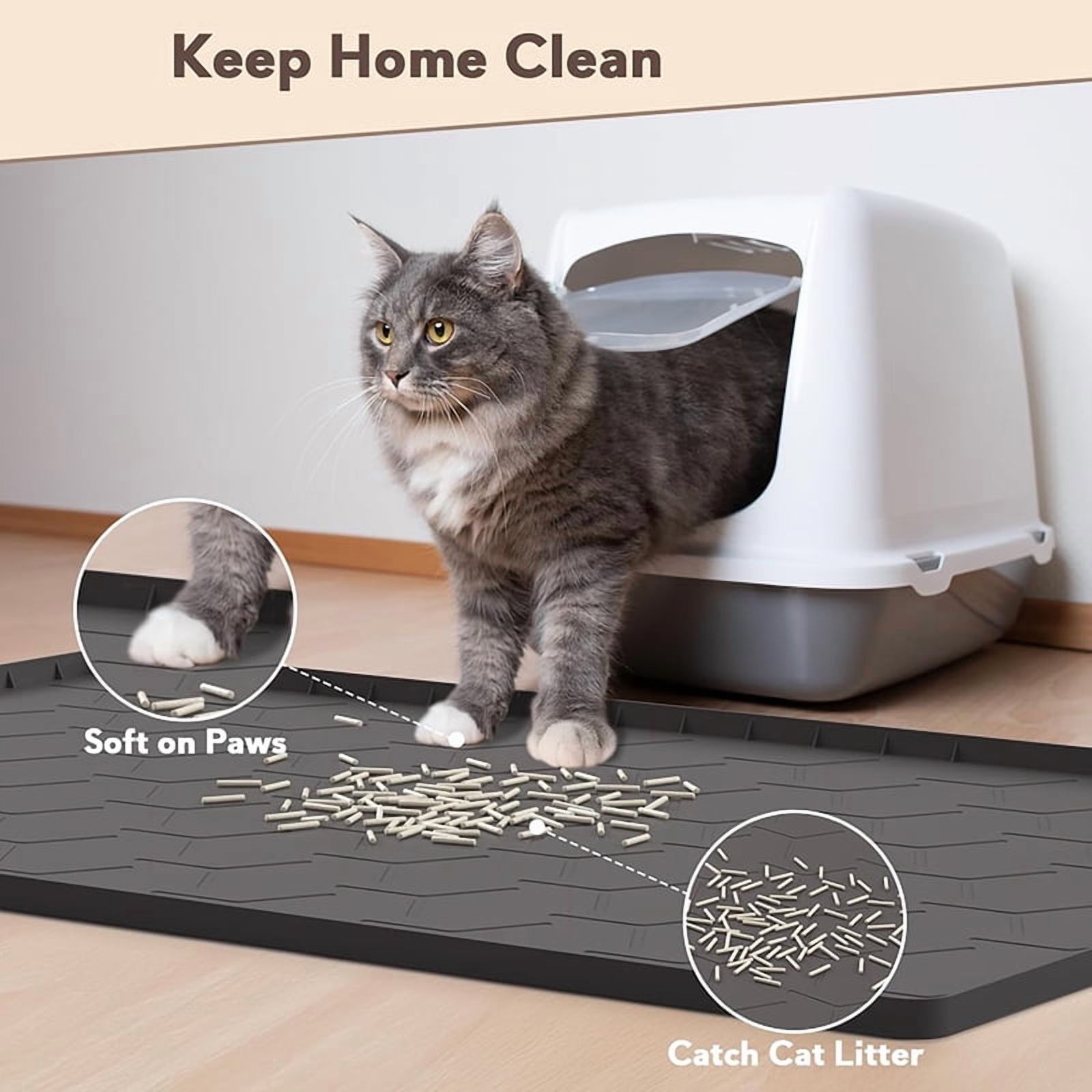 FACCAIL Silicone Cat Litter Trapping Mat, Waterproof/Urineproof Cat Litter Box Mat, Cat Litter-Collecting Pad for Floor, Soft & Pet-Friendly (34"x 22"- Black)