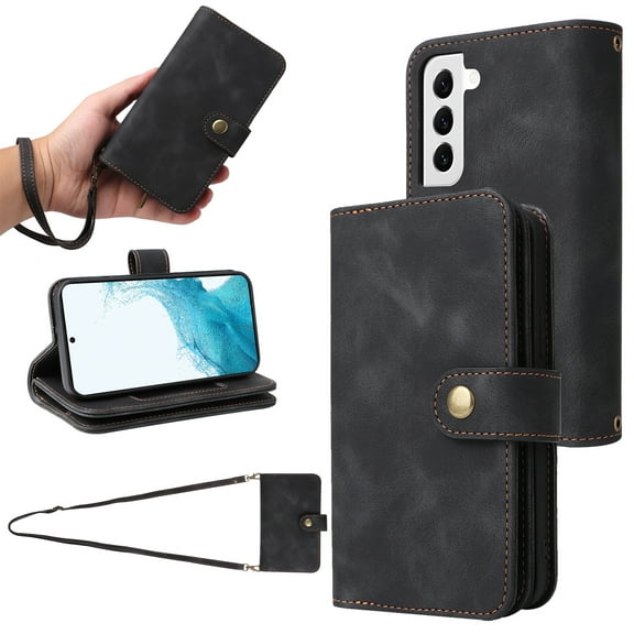 for Samsung Galaxy S21 FE Wallet Case, [Card Slots] PU Leather ID Credit Holder Folio Flip Kickstand Magnetic Clasp Phone Cover & Lanyard & Shoulder Strap for Samsung Galaxy S21 FE, Black
