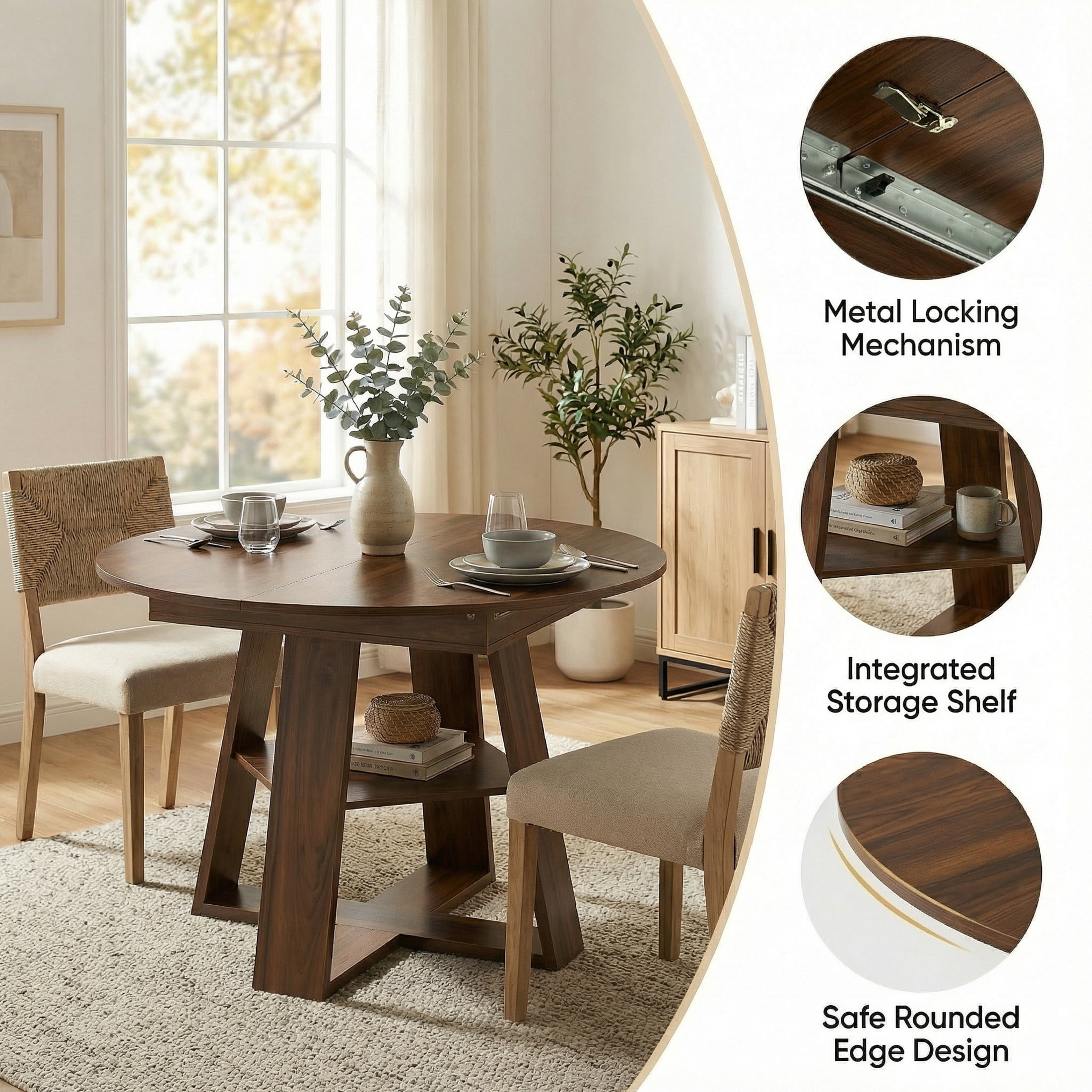 Noble House 43.3 - 59 Inch Extendable Round Dining Table with Storage Shelf, Walnut
