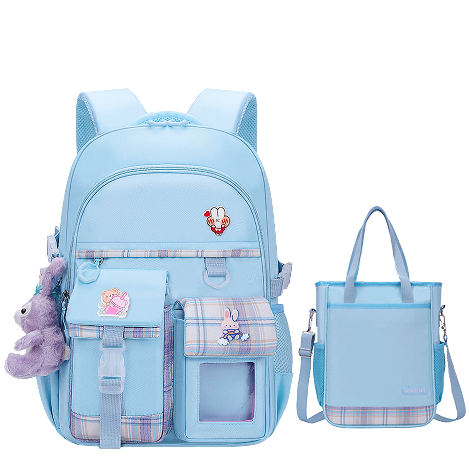 Kadyn Travel Backpacks, Cute Bookbag for Teen, Multifunctional School Durable Schoolbag with Lina Bell, 3 Decorative Cards and Lunch Bag, Blue