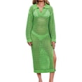 thumbnail image 4 of Womens Long Sleeve Crochet Swimsuit Cover Up V Neck Collared Mesh Knit Long Beach Coverup Maxi Dress, 4 of 6