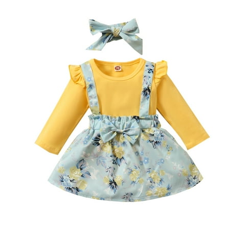 

Baby Girl Long Sleeve Romper Bodysuit+Floral Suspender Skirt Set Outfits