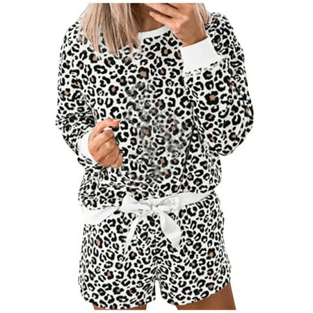 

Mrat Long Sleeve Round-Neck Blouses & Shirts Sets Loungewear Sweatsuits Outfits Womens Leopard Short Sleeve Pajama Set Night Lounge Top Long Sleepwear Casual Outfits Set Loungewear