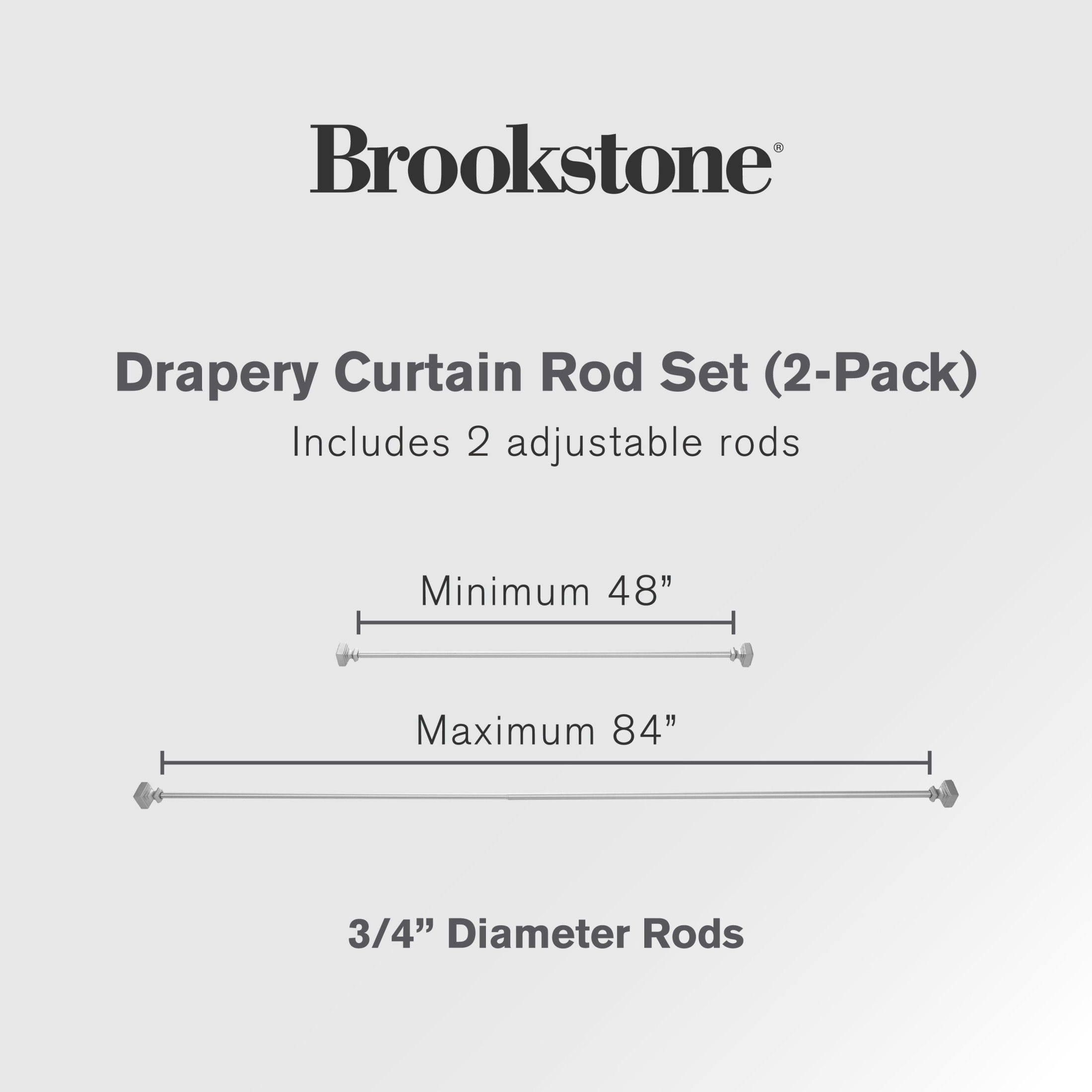 Brookstone Square 3/4" Adjustable Double Curtain Rod Set with Finials 48" - 84" Silver