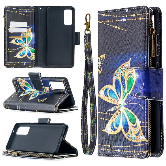 Samsung Galaxy S20 FE 5G Case with Zipper Wallet, Dteck Painted PU Leather Folio Case 9 Card Slots Wallet Case with Zipper Pocket / Hand Strap for Samsung Galaxy S20 FE 6.5 inch, 05# Gold Butterfly