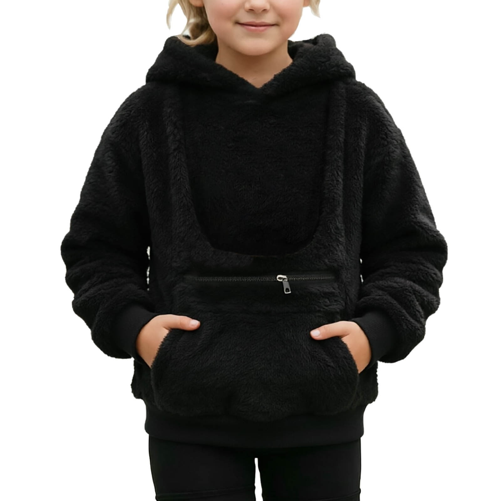 Zijinkuiwen Kids Sherpa Hooded Pullover with Zipper Pet Holding Pocket Long Sleeve Warm Top for Daily Wear and Pet Companion Time,Black,13-14 Years