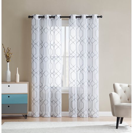 White And Gray Sheer Grommet Window Curtain Panel Pair With